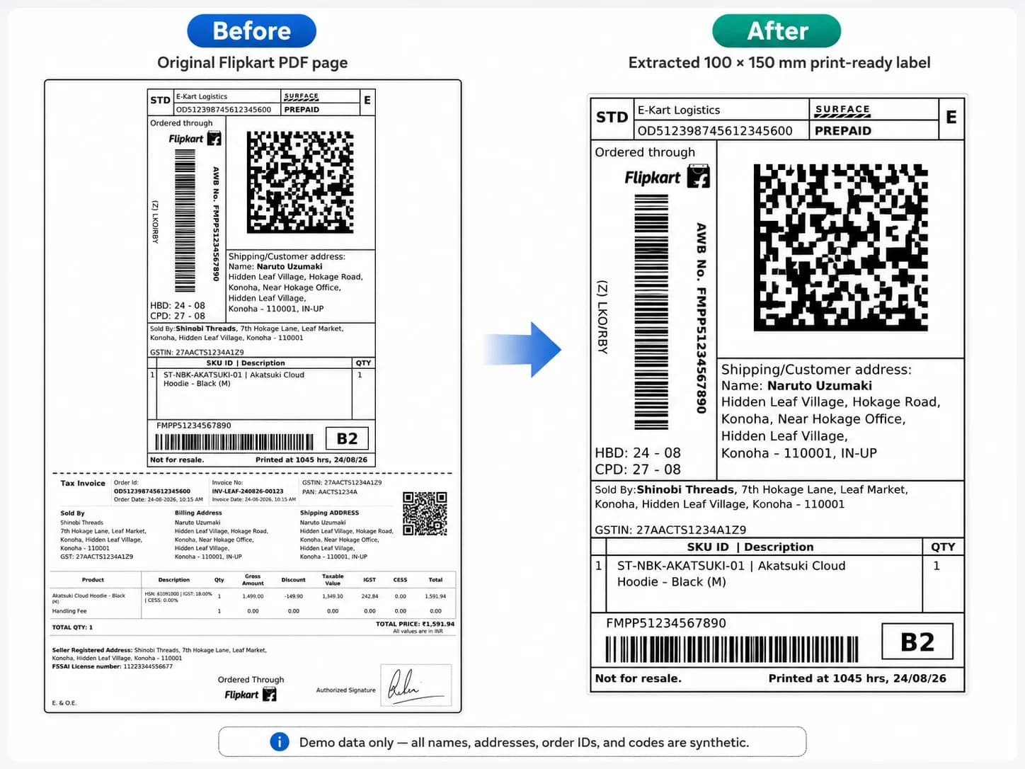 Flipkart PDF before processing beside the cropped E-Kart shipping label